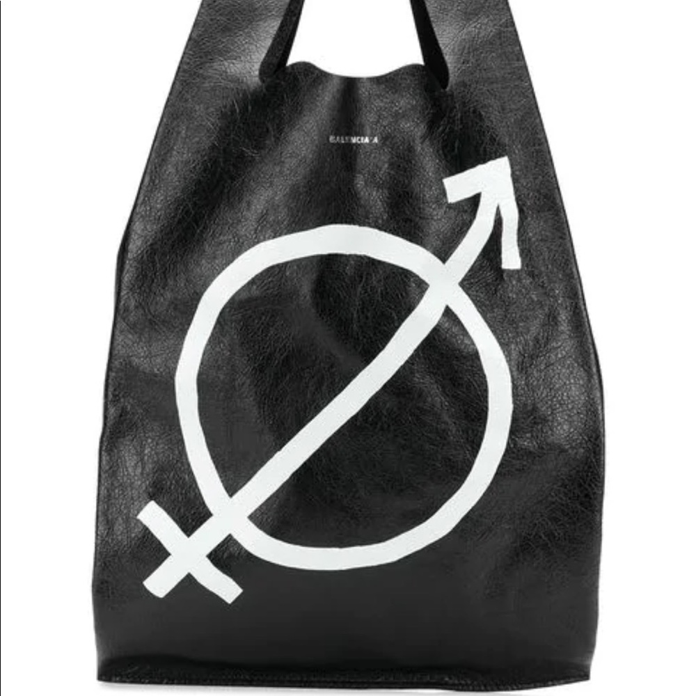 Balenciaga Black Leather Tote with White Graphic Symbol